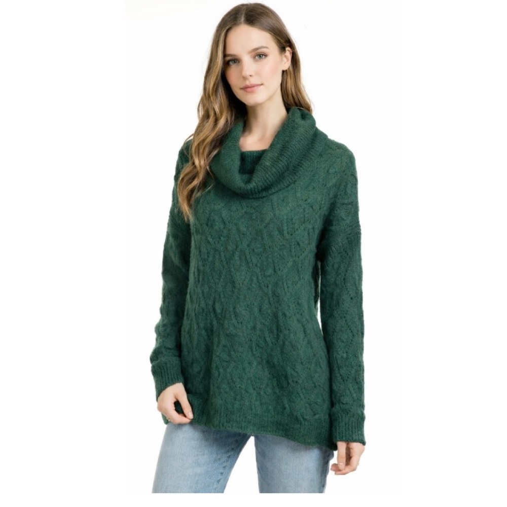 🥶 Anthropologie ELSAMANDA Forest Green Cable Knit Cowl Neck Cozy Sweater NWT S